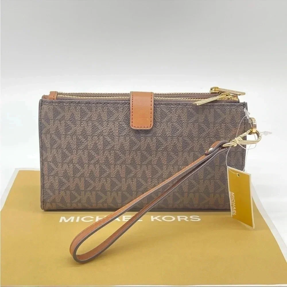 Michael Kors Large Double Zip Wallet Wristlet Leather Rich Brown
